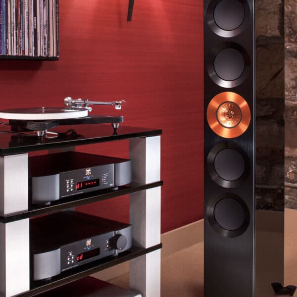 Product photogrpahy at Loud and Clear Hifi in Glasgow. Moon amp, Rega turntable, KEF speakers
