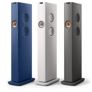 kef LS60 Wireless speakers in three finishes, blue, white and grey, streaming from loud and clear hi-fi, glasgow, scotland, uk