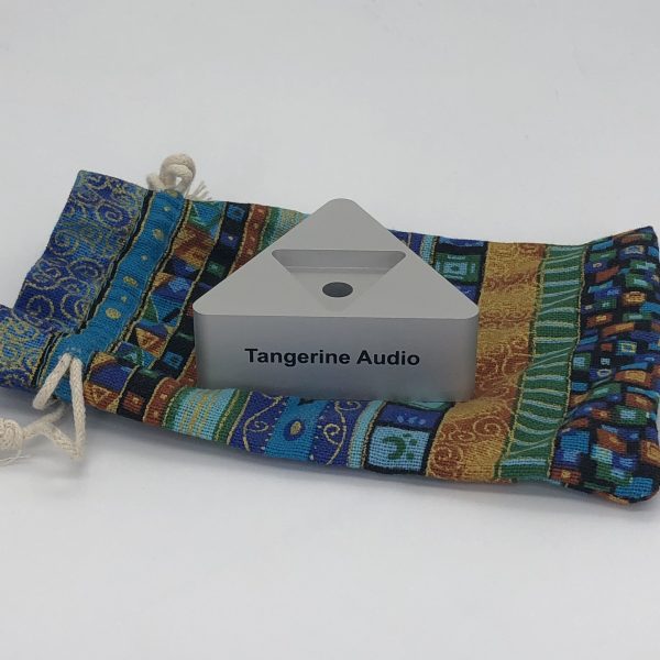 Tangerine Audio Evenstar disc Stabiliser on drawstring multi-coloured pouch at loud and clear glasgow, scotland, uk