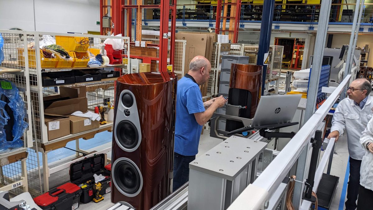 man building linn 360 active speakers at factory, high-end audiophile hi-fi from loud and clear glasgow, scotland, uk