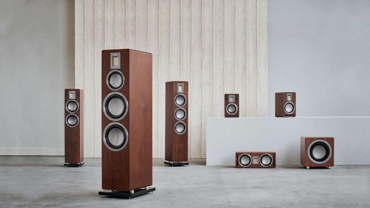 audiovector qr speakers series family in walnut finish with qr 1, qr 3, qr 5, qr 7, qr centre and qr sub, hi-fi from loud and clear glasgow, scotland, uk
