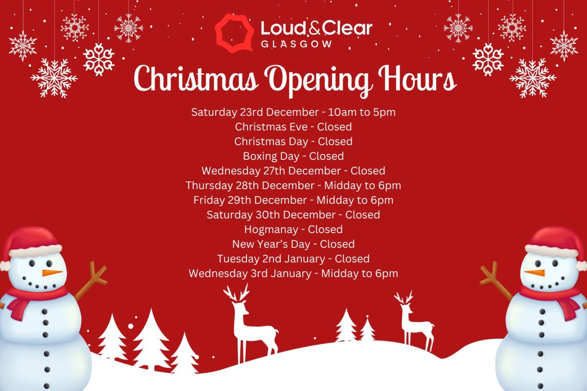 Loud & Clear Glasgow Christmas Hours 2023 on red background with festive scene of snowmen, raindeer, snowflakes and fir trees