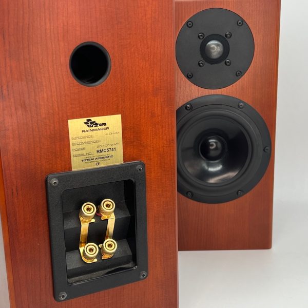 Totem Rainmaker Bookshelf Speakers Mahogany Rear View Pre-owned. Available from Loud and Clear Glasgow, Scotland U.K.