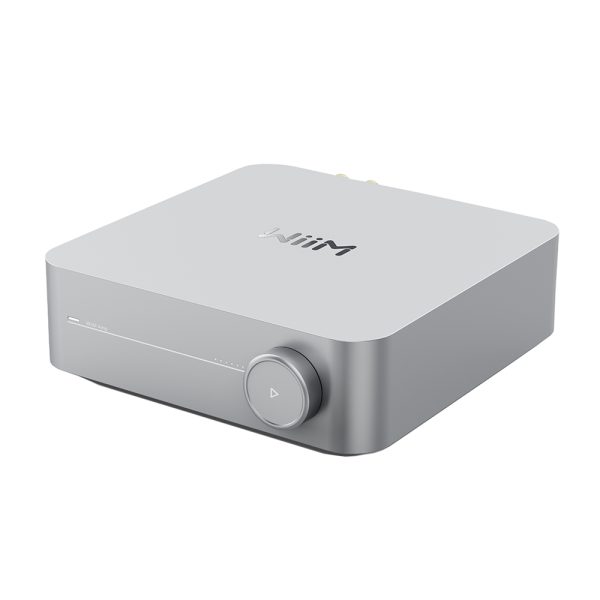 wiim amp wireless streaming amplifier silver finish front three quarter view all-in-one from loud and clear glasgow, scotland, uk