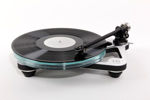 Rega Planar 8 turntable in white playing vinyl LP, hifi from loud and clear glasgow, scotland, uk