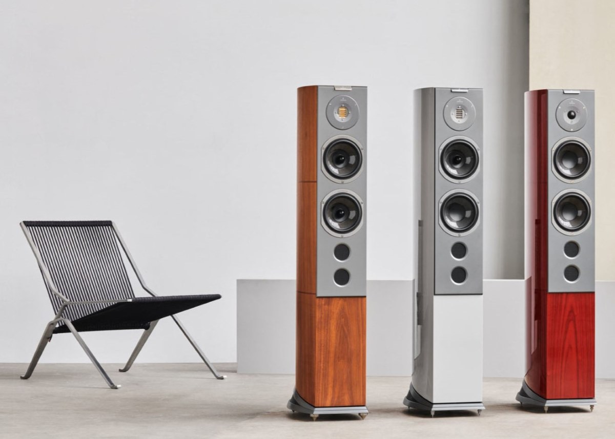 audiovector r6 speaker family - Signature, Avantgarde and Arreté models in lifestyle image with designer chair, high-end audio from loud and clear glasgow, scotland, uk