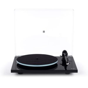 rega planar 2 turntable gloss black with carbon cartridge front view, vinyl replay from loud and clear hi-fi, glasgow, scotland, uk