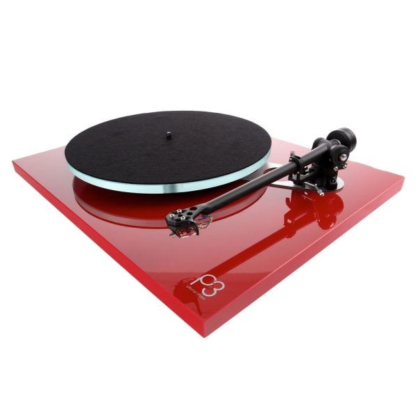 rega planar 3 turntable gloss red three quarter view vinyl replay from loud and clear hi-fi, glasgow, scotland, uk