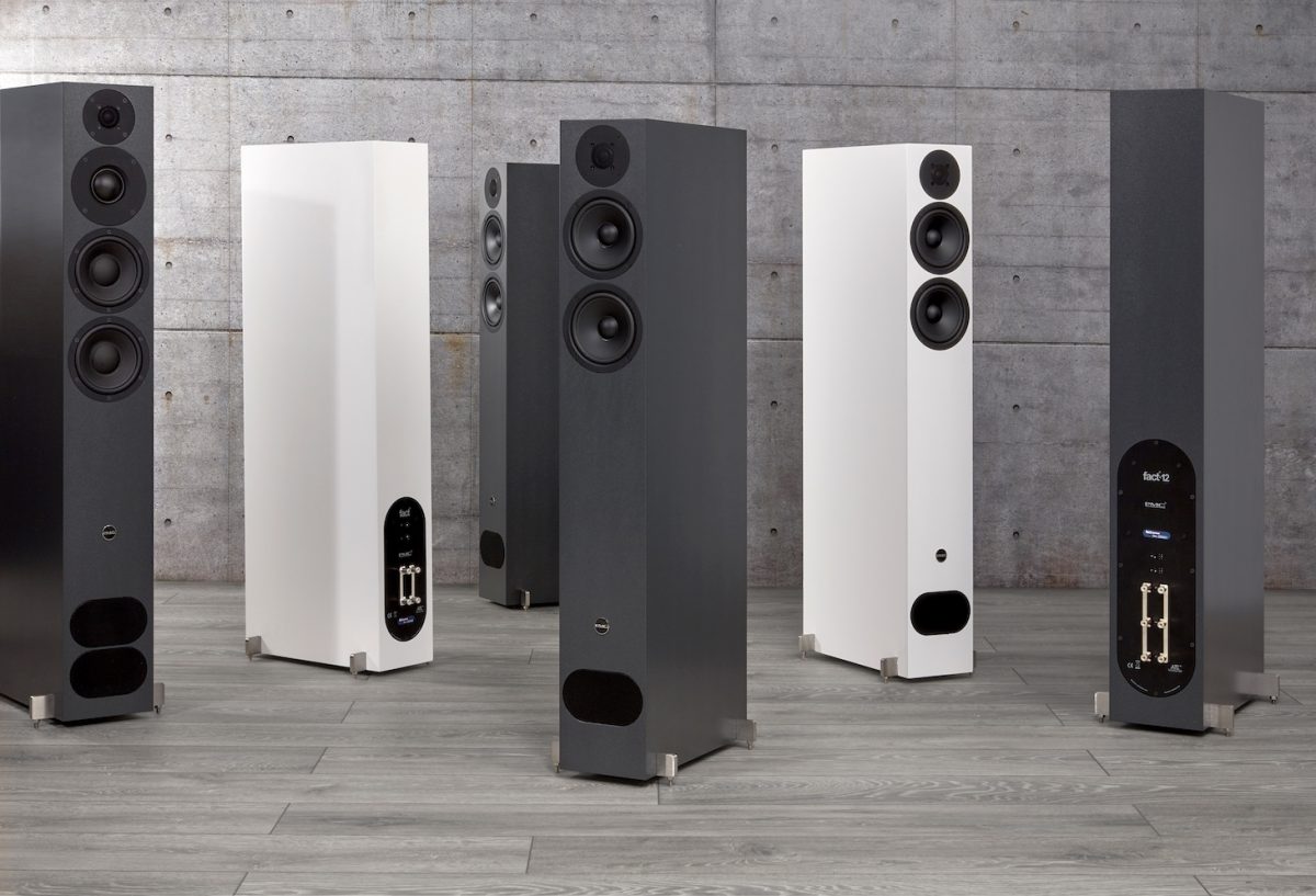 PMC fact.12 signature floorstanding speakers Group Shot in white and black finish