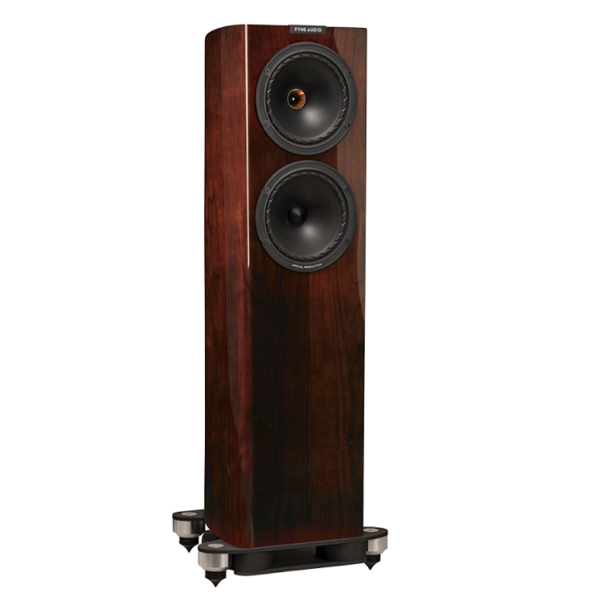 Fyne Audio 702SP special production Floorstanding Speaker in piano gloss Walnut finish Side View, dualconcentric drive units made in scotland, uk, high-end hi-fi from loud and clear glasgow