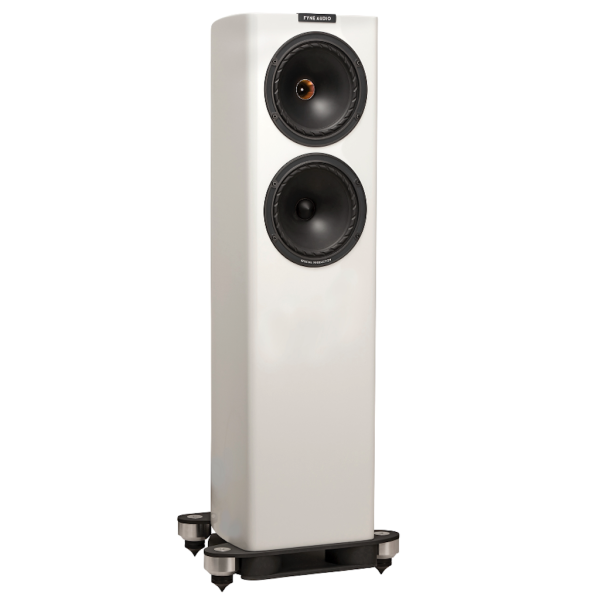 Fyne Audio 702SP special production Floorstanding Speaker in piano gloss white finish Side View, dualconcentric drive units made in scotland, uk, high-end hi-fi from loud and clear glasgow