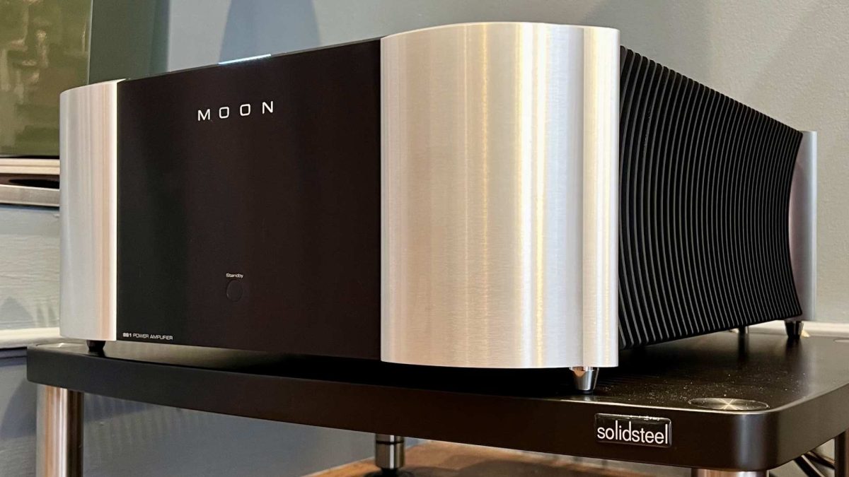 moon 861 north collection stereo power amplifier in front of shop on solidsteel shelf, high-end luxury audio from scotland's finest hi-fi retailer, loud and clear glasgow, uk