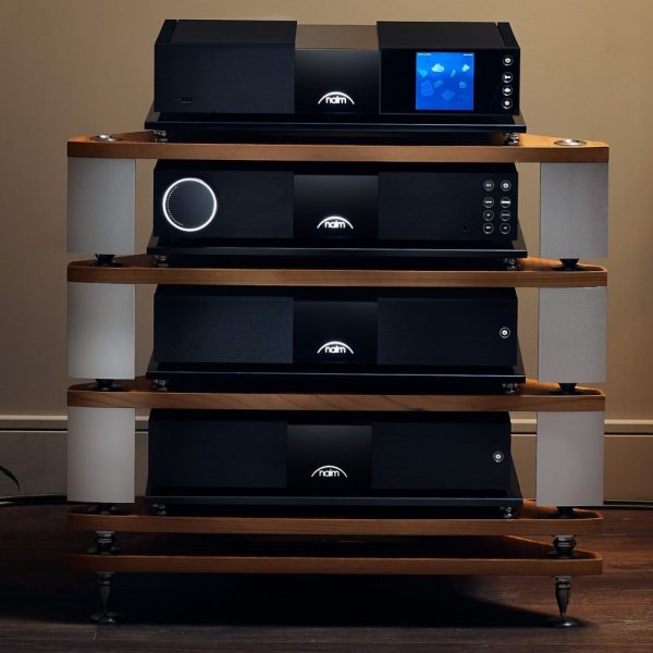 Naim audio New Classic 300 series with nss 333 streamer, nac332 preamp, nap 350 mono power amplifiers on fraim equipment rack with plant in corner high-end hi-fi from loud and clear glasgow, scotland, uk