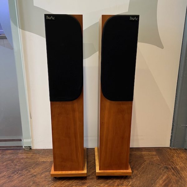 ProAc D15 Response Floorstanding Speakers in Cherry Pre-owned Front View Grilles On, Available at Loud and Clear Glasgow, Scotland, U.K.