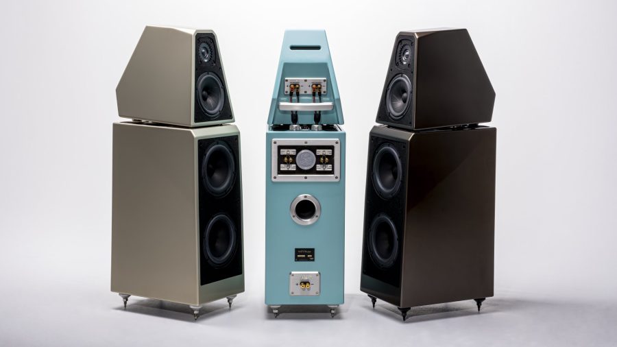 Wilson Audio The WATT Puppy Group image with three speakers in different colours including rear view, high-end audio from loud and clear hi-fi, glasgow, scotland, uk