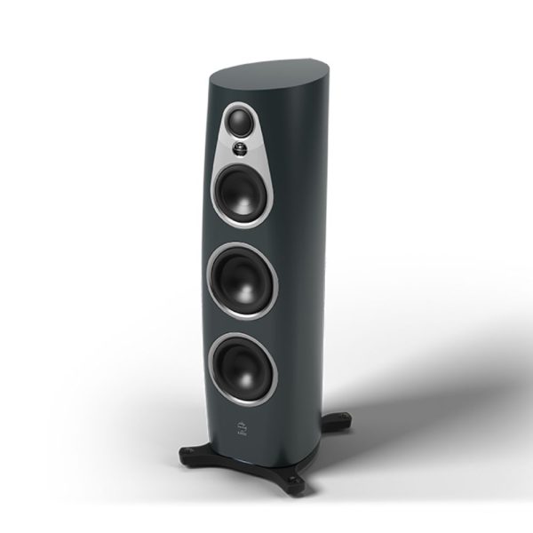 linn 360 floorstanding speakers triton finish with silver trim three quarter view, high-end audio from loud and clear hi-fi, glasgow, scotland, uk