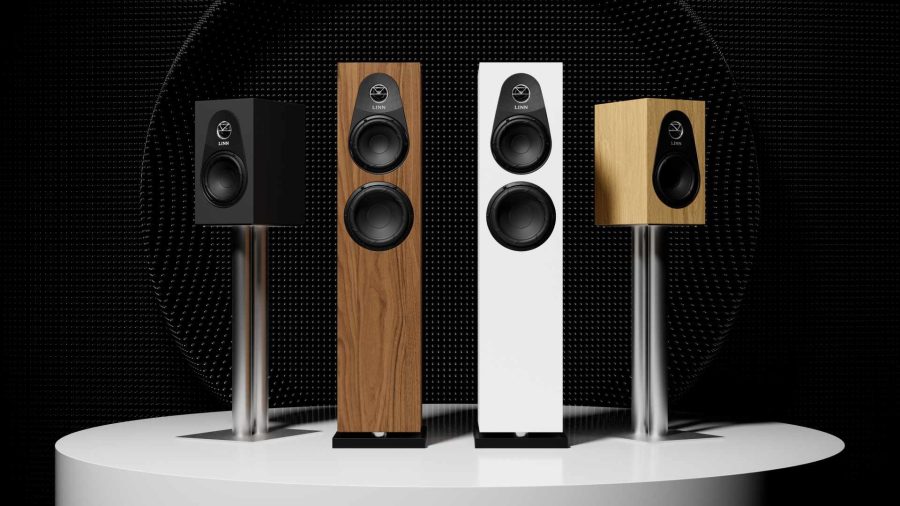 Linn 119 and 150 speakers group image with all four finishes: satin black, satin white, walnut and oak, stand mount loudspeakers on mild-steel pedestal stands, stereo equipment from loud and clear hi-fi, glasgow, scotland, uk