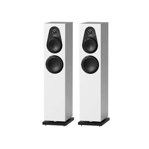 Linn 150 Floorstanding Speakers New Satin White Pair Front View, Available at Loud and Clear Glasgow, Scotland, U.K.