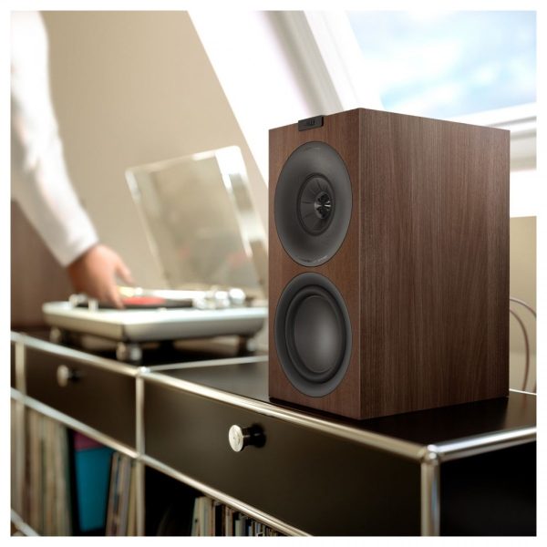 KEF Q Concerto Stand Mount Speakers Walnut New Lifestyle 1 View, Available at Loud and Clear Glasgow Hifi Shop, Glasgow, Scotland, U.K.