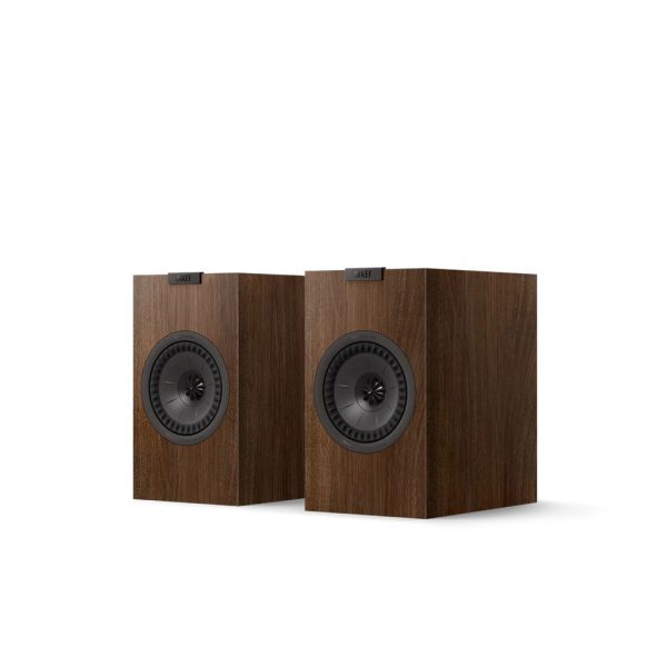 KEF Q1 Meta Bookshelf Speakers New Walnut Angle View, Available at Loud and Clear Glasgow Hifi Shop, Glasgow, Scotland, U.K.