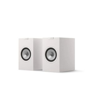 KEF Q1 Meta Bookshelf Speakers New White Angle View, Available at Loud and Clear Glasgow Hifi Shop, Glasgow, Scotland, U.K.