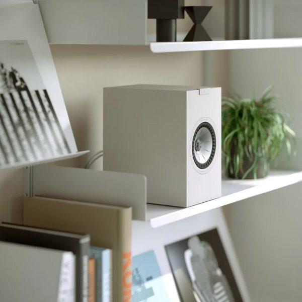 KEF Q1 Meta Bookshelf Speakers New White Lifestyle View, Available at Loud and Clear Glasgow Hifi Shop, Glasgow, Scotland, U.K.