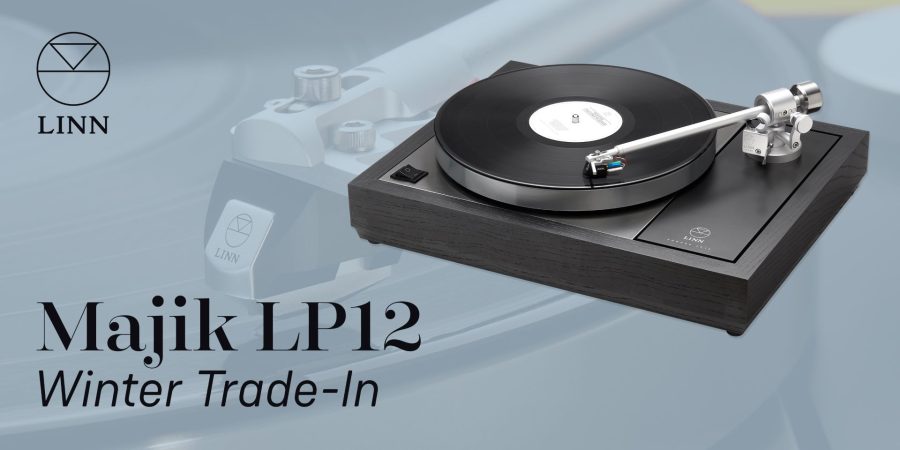 Linn Majik LP12 turntable Winter Promo 2024 with linn logo and vinyl record being played on deck, stereo systems from loud and clear hi-fi, glasgow, scotland, uk