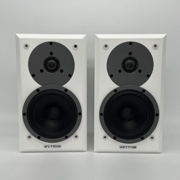 Dynaudio Emit M10 Bookshelf Speakers White Pre-Owned Front View, Available at Loud and Clear Glasgow, Scotland, U.K.