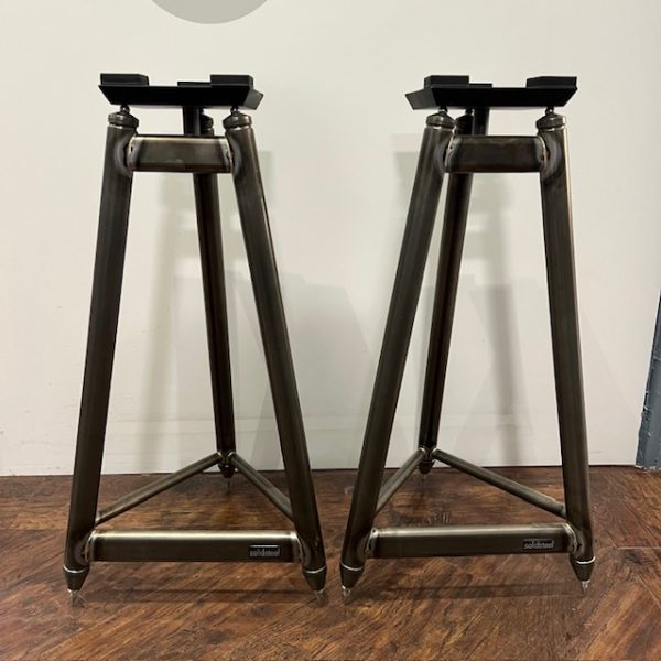 Solid Steel SS-6 Raw Finish Speaker Stands with Black Ravioli Isolation Pads Pre-Onwed Front View, Available at Loud and Clear Glasgow, Scotland, U.K.