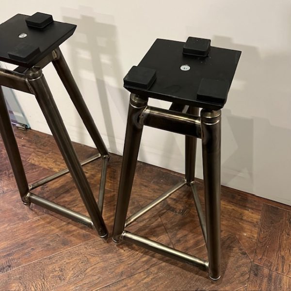 Solid Steel SS-6 Raw Finish Speaker Stands with Black Ravioli Isolation Pads Pre-Onwed Top View, Available at Loud and Clear Glasgow, Scotland, U.K.