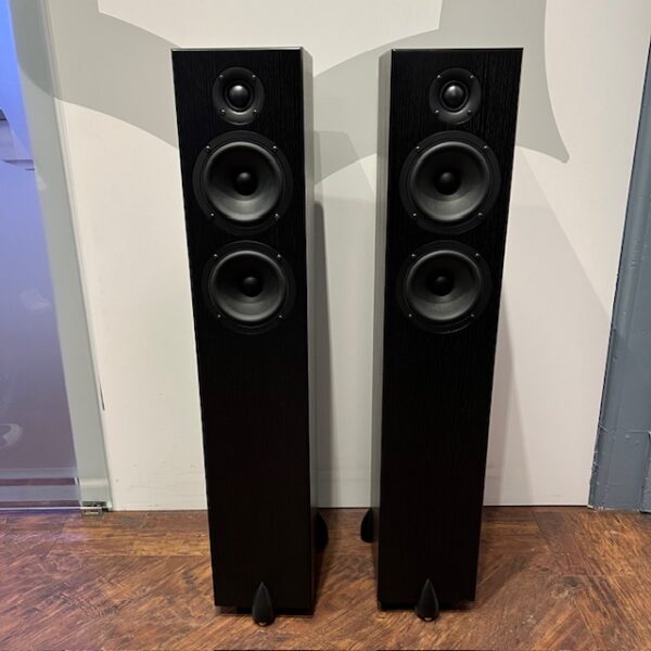 Totem Bison Twin Tower Floorstanding Loudspeakers Black Ash Ex-demonstration Front View, Available at Loud and Clear Glasgow, Scotland, U.K.