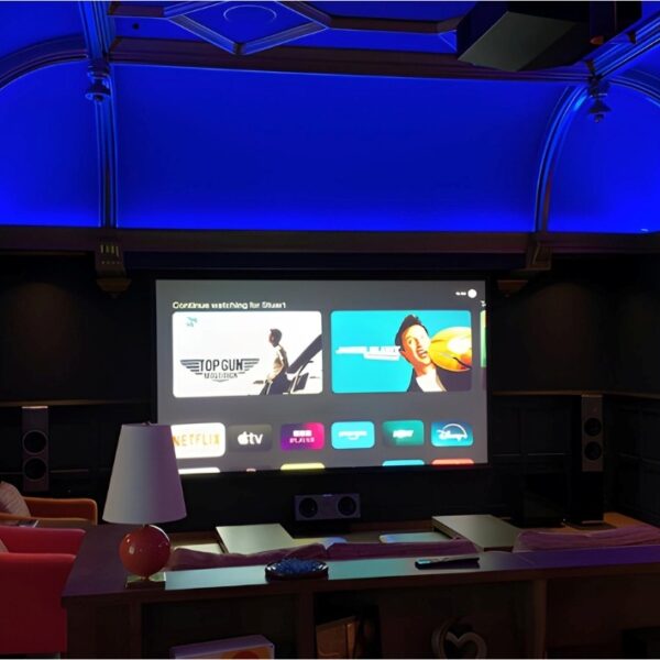 luxury home cinema media room with dolby atmos, sony 4k projector system with and sky stream and apple tv