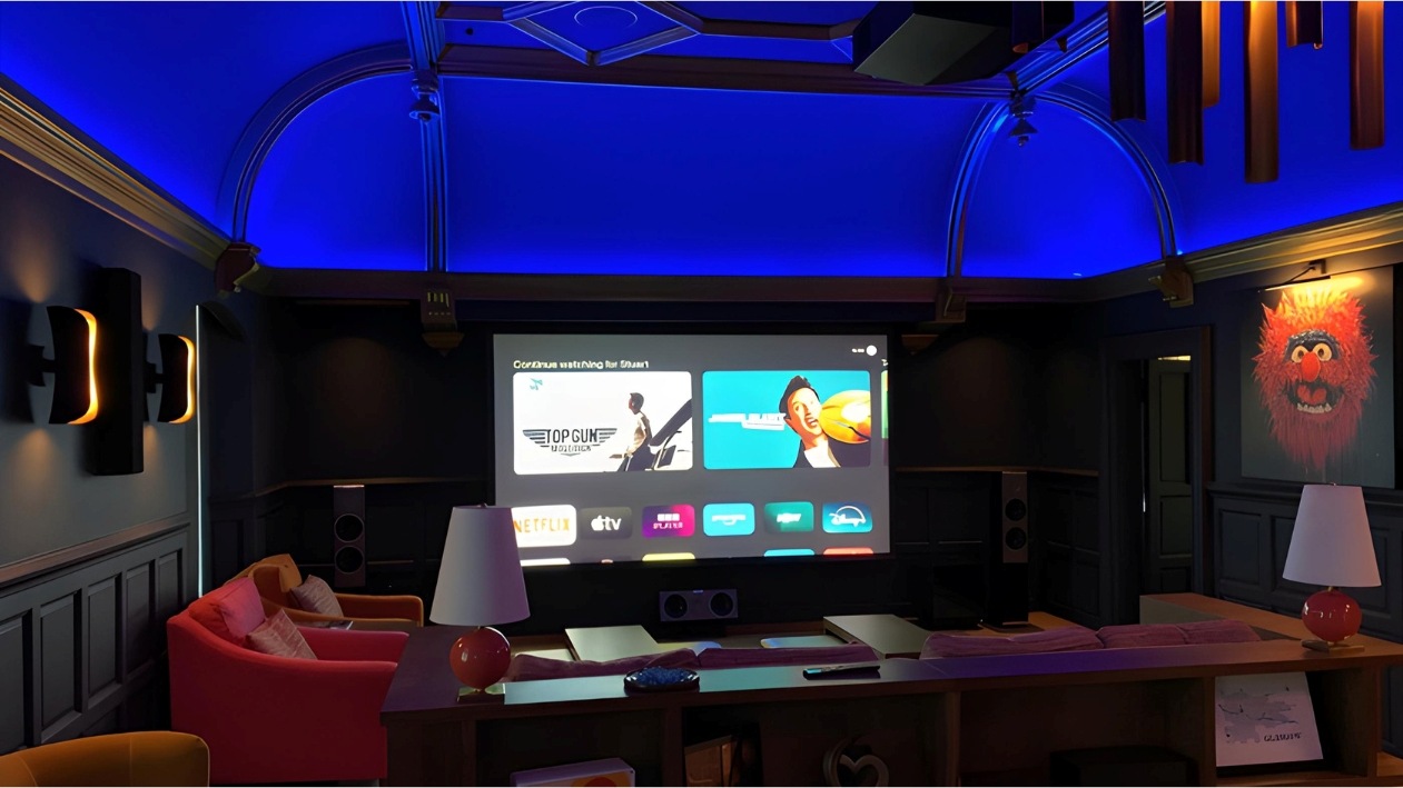 luxury home cinema media room with dolby atmos, sony 4k projector system with and sky stream and apple tv