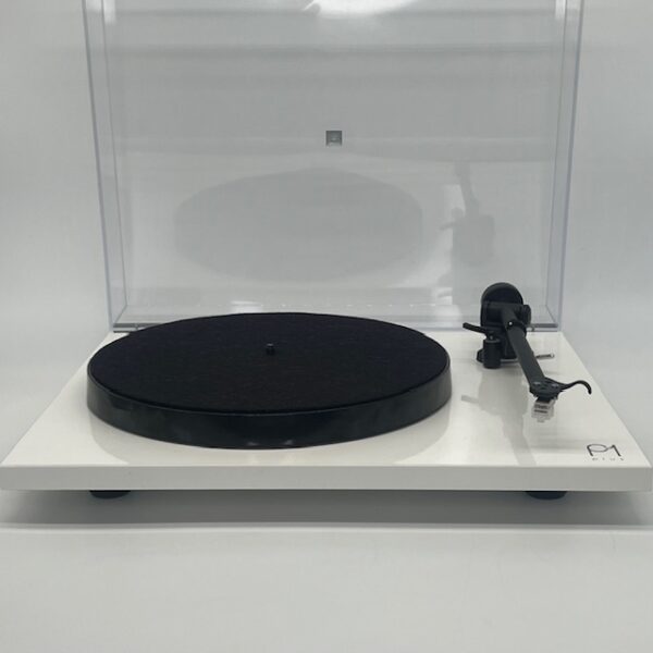 Rega Planar 1 Plus Turntable with Phono Stage White Pre-Owned Front View Lid up, Available at Loud and Clear Glasgow, Scotland, U.K.