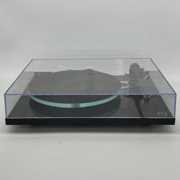 Rega Planar 3 Black Turntable With AT-VM95SH Catridge Pre-Owned Front View Lid On, Available at Loud and Clear Glasgow, Scotland, U.K.