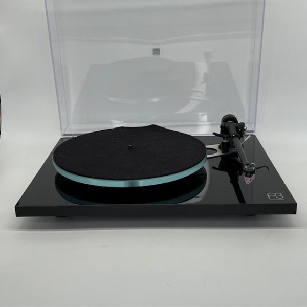 Rega Planar 3 Black Turntable With AT-VM95SH Catridge Pre-Owned Front View Lid Up, Available at Loud and Clear Glasgow, Scotland, U.K.