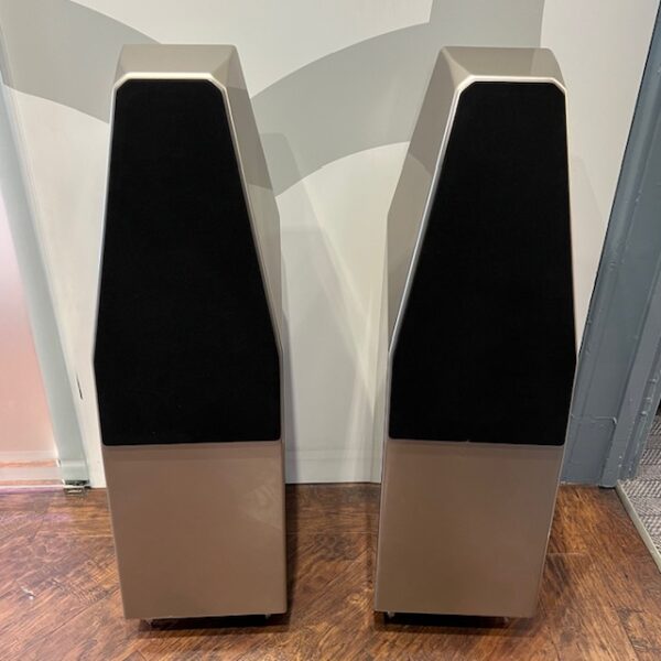 Wilson Audio SabrinaX Floorstanding Speakers Quartz Finish Ex-Demonstration Front View Grilles On, Available at Loud and Clear Glasgow, Scotland, U.K.