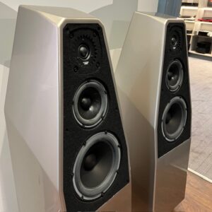Wilson Audio SabrinaX Floorstanding Speakers Quartz Finish Ex-Demonstration Side Grilles Off, Available at Loud and Clear Glasgow, Scotland, U.K.