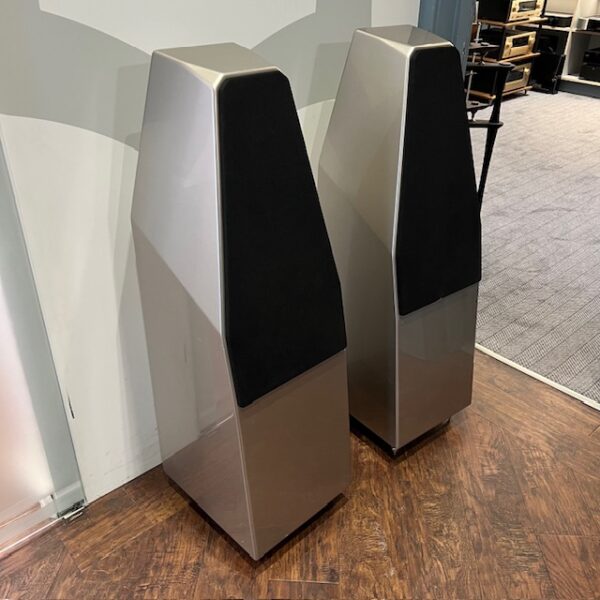 Wilson Audio SabrinaX Floorstanding Speakers Quartz Finish Ex-Demonstration Side View Grilles On, Available at Loud and Clear Glasgow, Scotland, U.K.