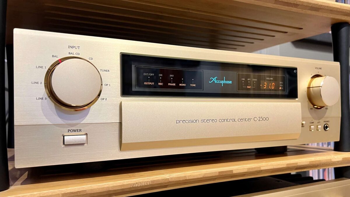 Accuphase C-2300 Precision Stereo Control Center preamplifier, viewed on quadraspire rack in hi-fi shop showroom, Available from Loud and Clear, Glasgow, Scotland. U.K.