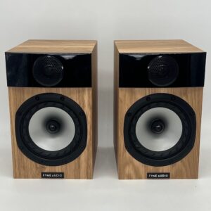 Fyne Audio F300 Oak Bookshelf Speakers Pre-Owned Front View Grilles Off, Available at Loud and Clear Glasgow, Scotland, U.K.