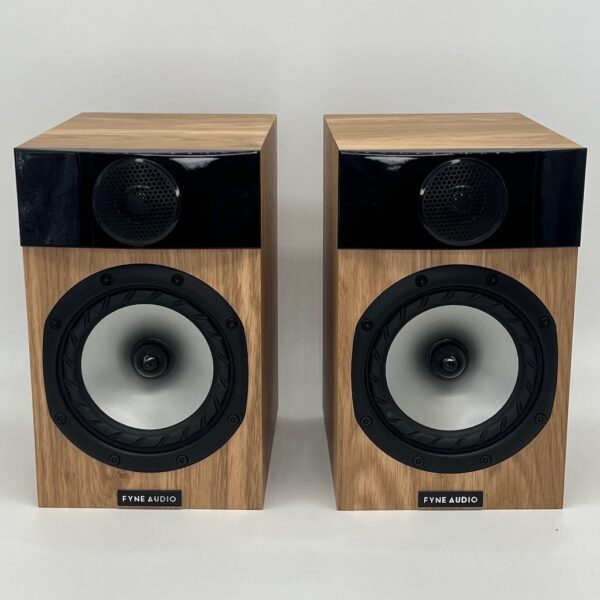 Fyne Audio F300 Oak Bookshelf Speakers Pre-Owned Front View Grilles Off, Available at Loud and Clear Glasgow, Scotland, U.K.