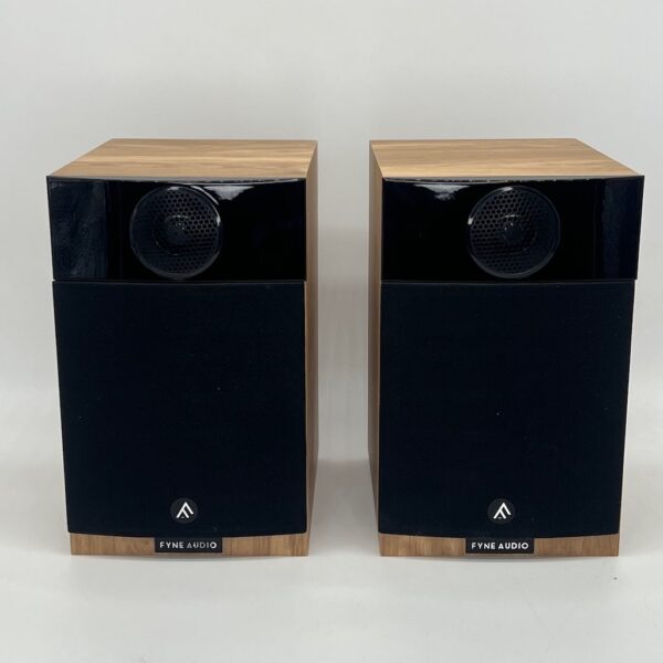 Fyne Audio F300 Oak Bookshelf Speakers Pre-Owned Front View Grilles On, Available at Loud and Clear Glasgow, Scotland, U.K.