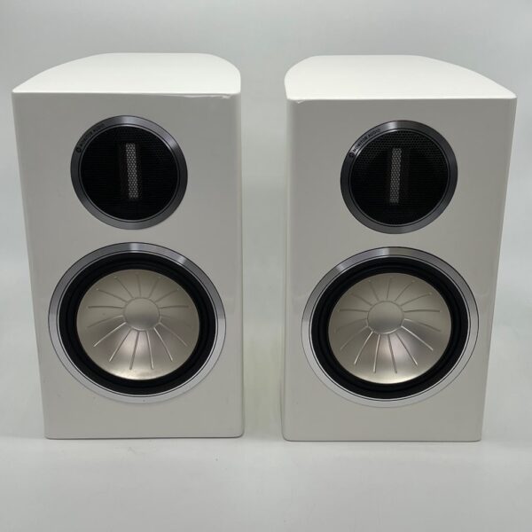 Monitor Audio Gold GX 100 Standmount Speakers in White Pre-Owned Front View Grilles Off, Available at Loud and Clear Glasgow, Scotland, U.K.