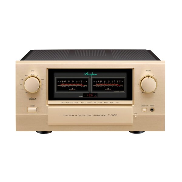Accuphase E-800S Class-A Integrated Amplifier New Front View Flap Up, Available from Loud and Clear, Glasgow, Scotland. U.K.