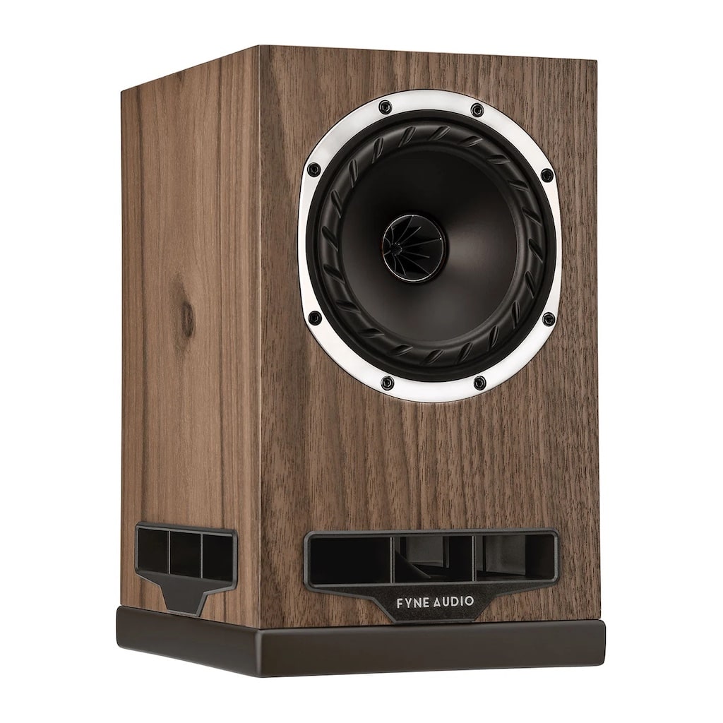 Fyne Audio F5S Bookshelf Speakers New Walnut Angle View from loud and clear hi-fi, glasgow, scotland, uk