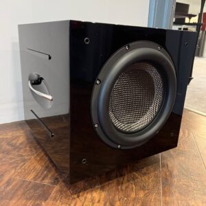 REL Acoustics Carbon Special Subwoofer Pre-Owned Angle View Grille Off, Available at Loud and Clear Glasgow, Scotland, U.K.