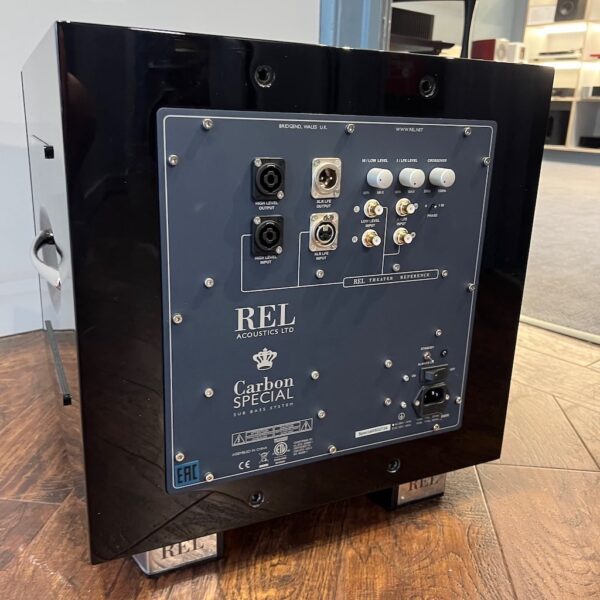 REL Acoustics Carbon Special Subwoofer Pre-Owned Rear View, Available at Loud and Clear Glasgow, Scotland, U.K.