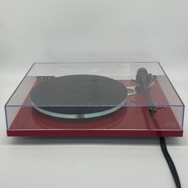 Rega Planar 3 Turntable Red Pre-Owned AT-VM95ML Cartridge Front View Lid Down, Available at Loud and Clear Glasgow, Scotland, U.K.