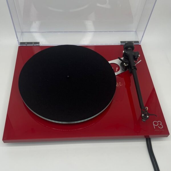 Rega Planar 3 Turntable Red Pre-Owned AT-VM95ML Cartridge Top View, Available at Loud and Clear Glasgow, Scotland, U.K.